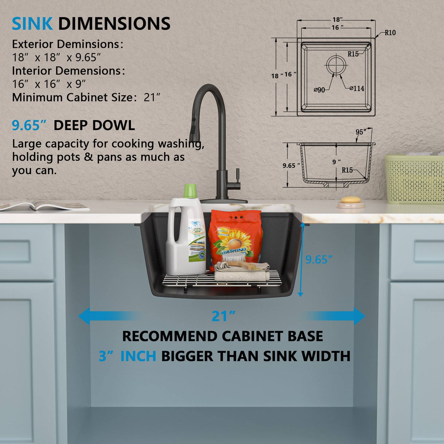 18 Undermount Laundry Sink - Fulorni 18"x18" Laundry Utility Sink Workstation Matte Black Granite Composite Quartz Classic Under Counter Deep Single Bowl Utility Laundry Room Sink Basin