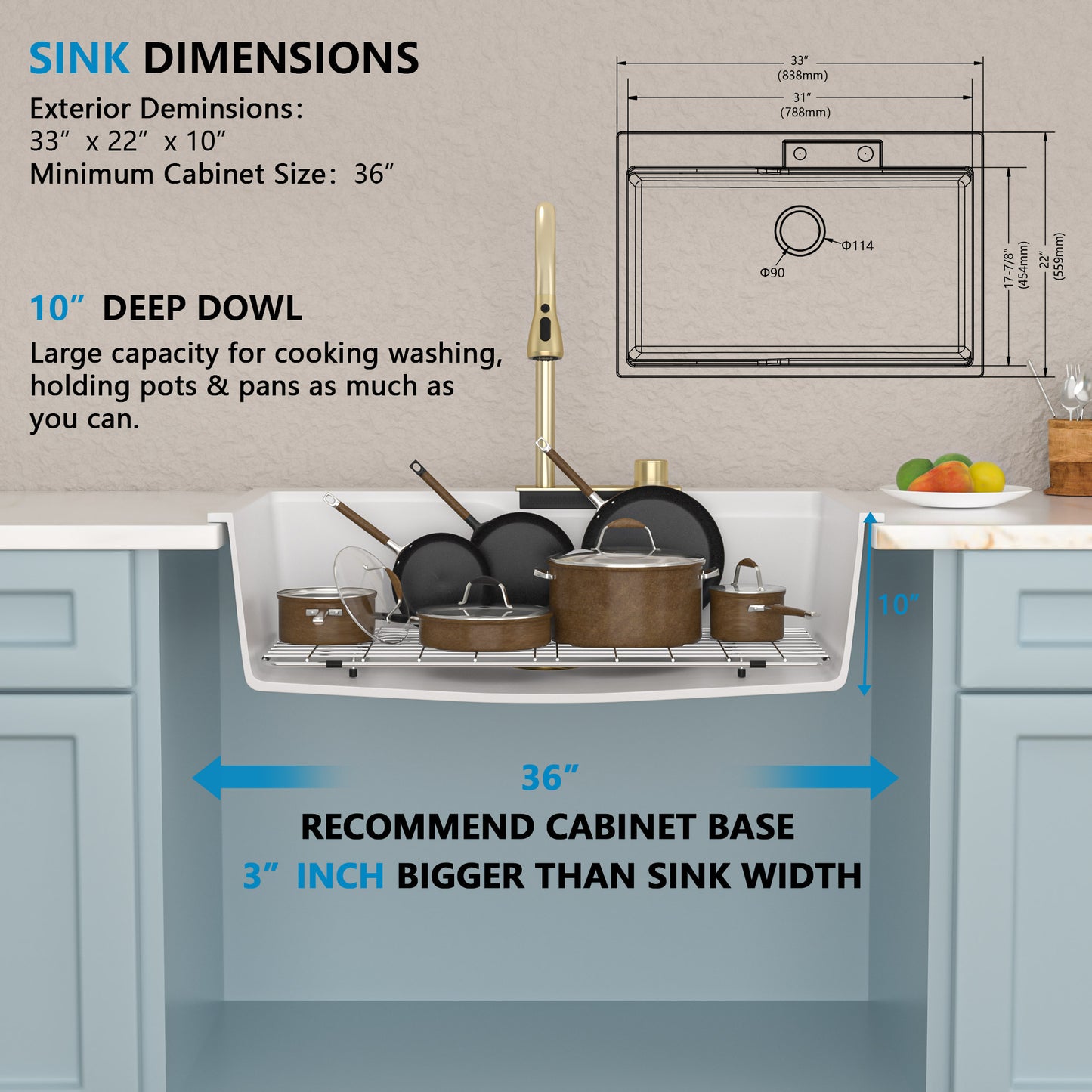 33"x22" Granite Waterfall Kitchen Sink Multifunctional Smart Workstation With Faucet Combo Drop In Topmount White Granite Composite Quartz Classic Above Counter Single Bowl Sink Basin