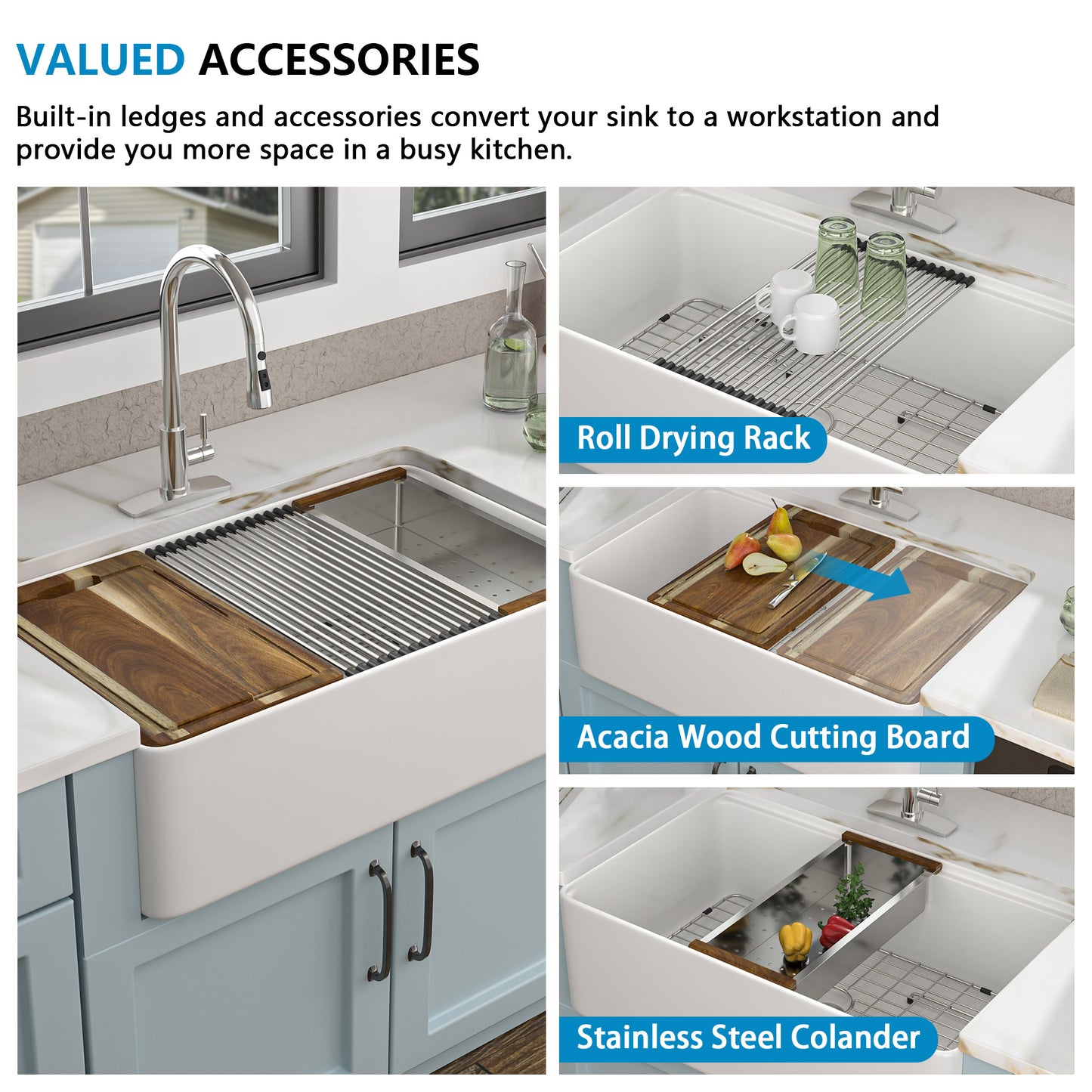 33 White Farm Sink Workstation - Fulorni 33"x20" Farmhouse Kitchen Sink Apron Front Workstation with Slide Ledge Double Bowl 50/50 White Ceramic Porcelain Fireclay Farmer Sink Basin