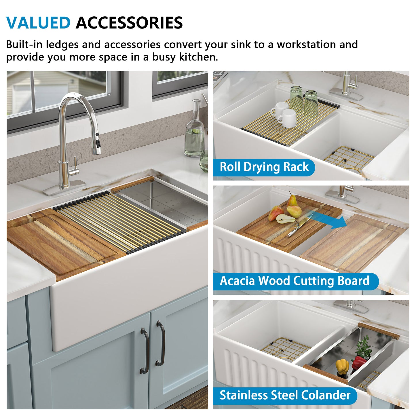33 White Farm Sink Workstation - Fulorni 33"x20" Farmhouse Kitchen Sink Apron Front Workstation with Slide Ledge Reversible Double Bowl 50/50 White Ceramic Porcelain Fireclay Farmer Sink Basin