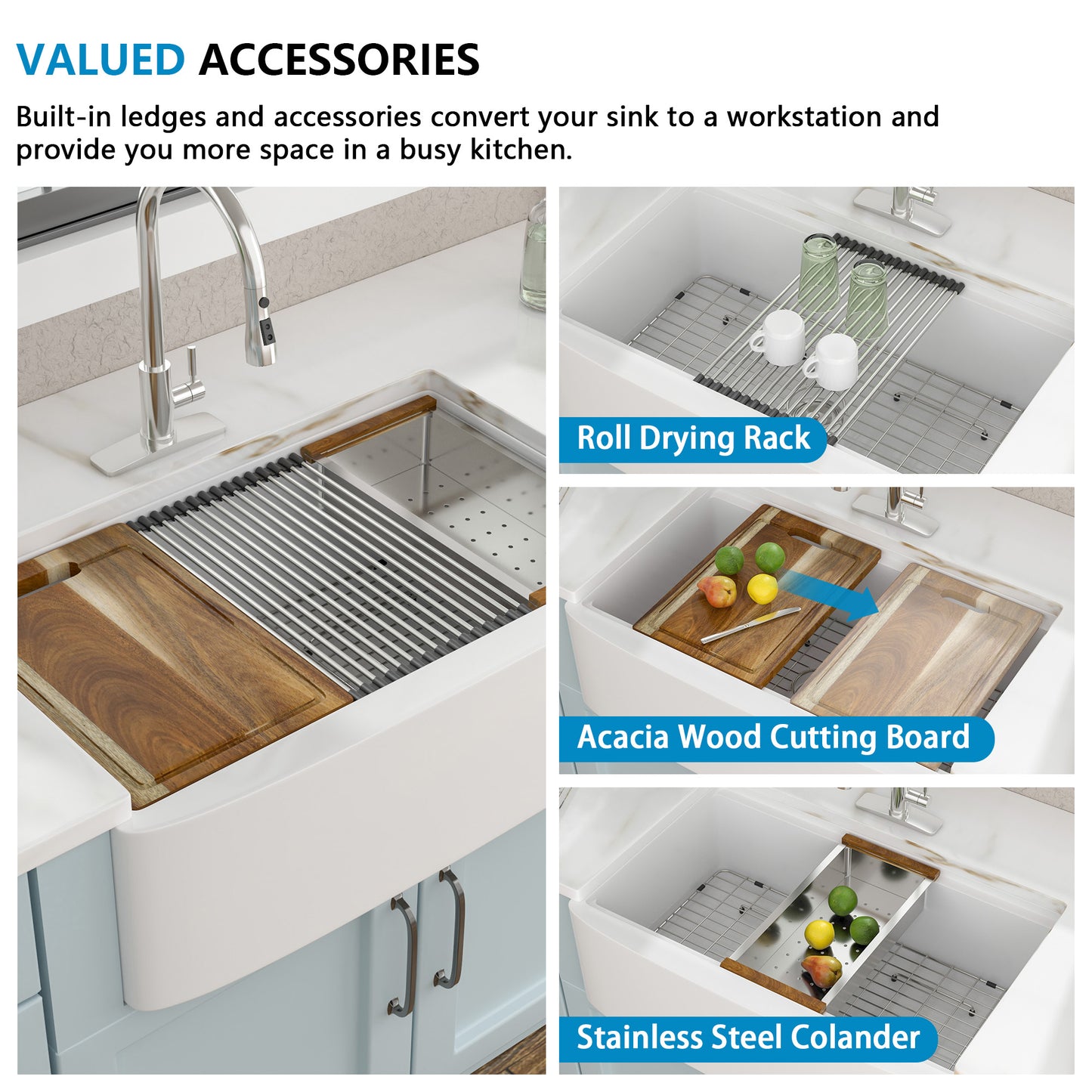 33 White Farm Sink Workstation - Fulorni 33"x21" Apron Front Farmhouse Sink Workstation with Slide Ledge White Ceramic Porcelain Fireclay Single Bowl Farmer Kitchen Sink Basin