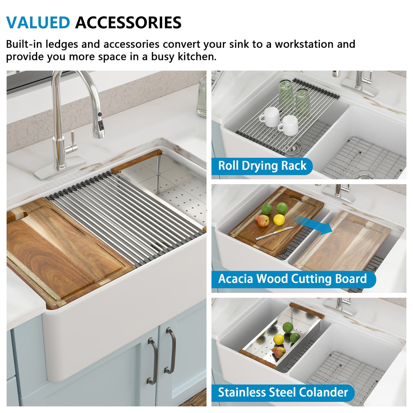 33 White Farm Sink Workstation - Fulorni 33"x20" Farmhouse Kitchen Sink Apron Front Workstation with Slide Ledge Double Bowl 50/50 White Ceramic Porcelain Fireclay Farmer Sink Basin
