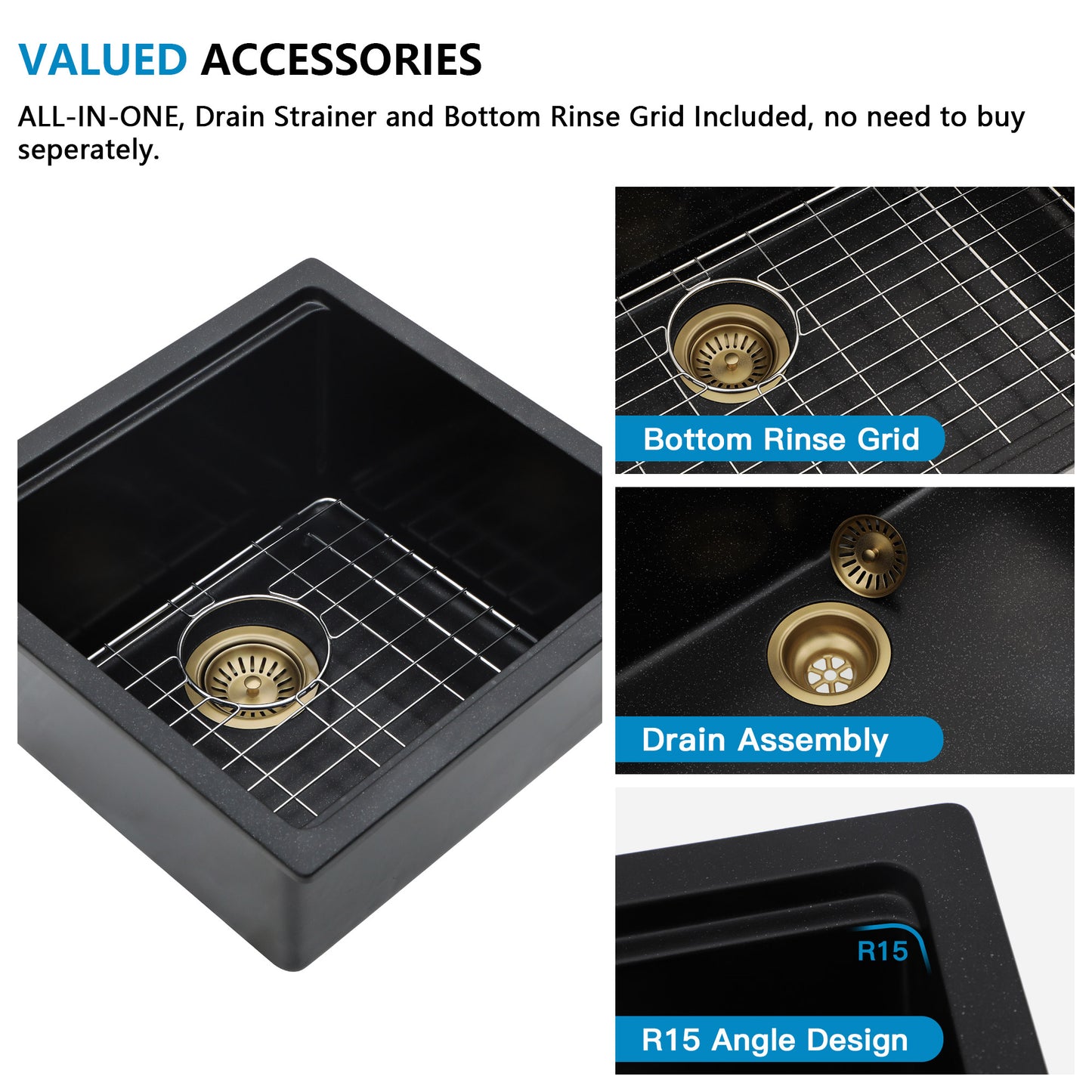 18 Undermount Laundry Sink - Fulorni 18"x18" Laundry Utility Sink Workstation Matte Black Granite Composite Quartz Classic Under Counter Deep Single Bowl Utility Laundry Room Sink Basin