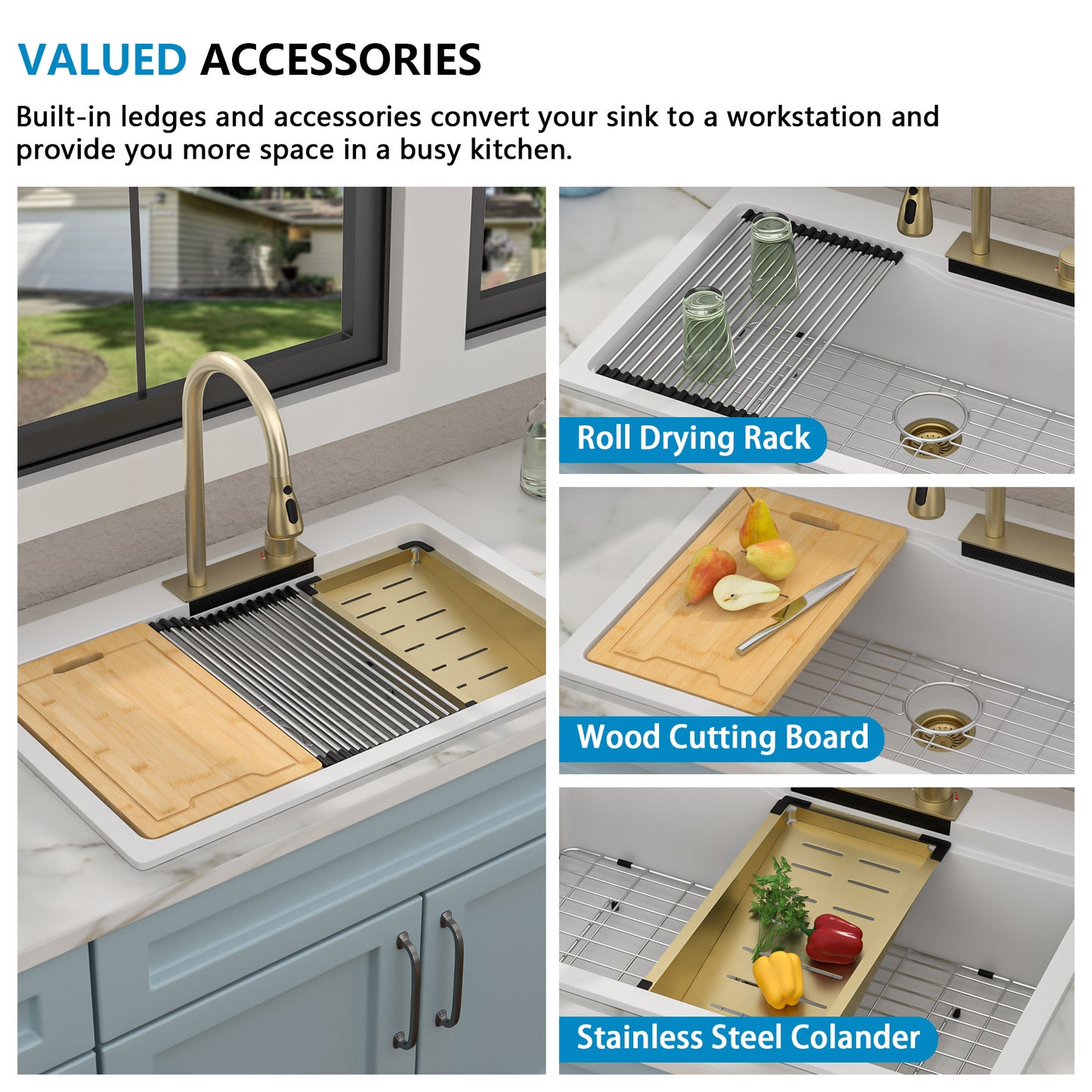 33"x22" Granite Waterfall Kitchen Sink Multifunctional Smart Workstation With Faucet Combo Drop In Topmount White Granite Composite Quartz Classic Above Counter Single Bowl Sink Basin