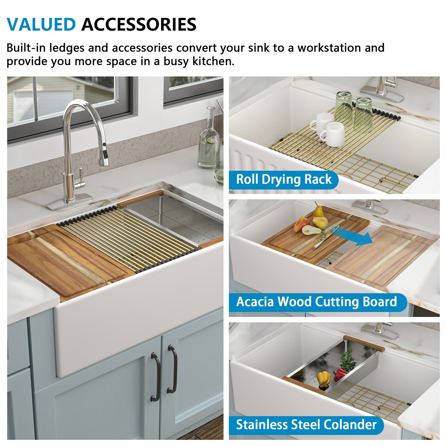 33 White Farm Sink Workstation - Fulorni 33 Inch Farmhouse Kitchen Sink Workstation with Slide Ledge Apron Front Reversible White Ceramic Porcelain Fireclay Single Bowl Farmer Sink Basin