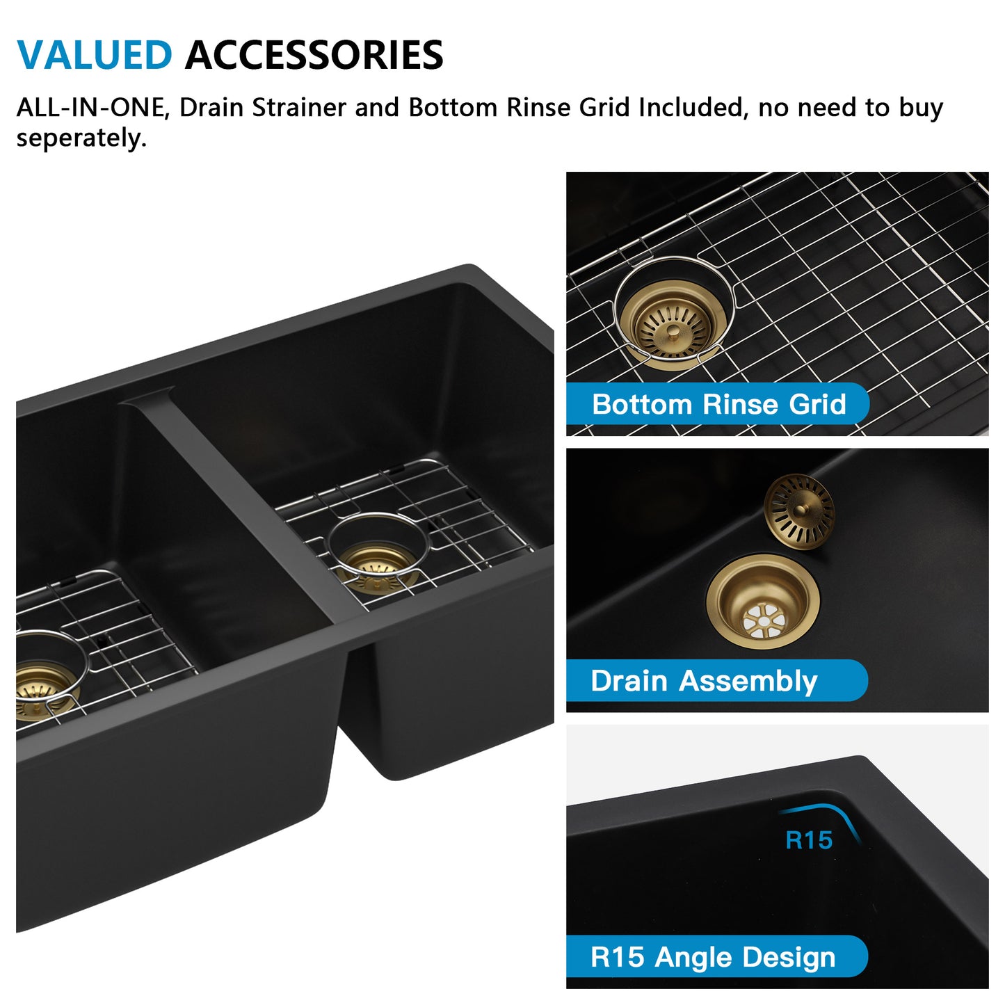 33 Granite Composite Kitchen Sink Double Bowl - Fulorni 33"x19" Black Granite Kitchen Sink Undermount Double Bowl 50/50 Quartz Classic Composite Matte Black Under Counter Sink Basin