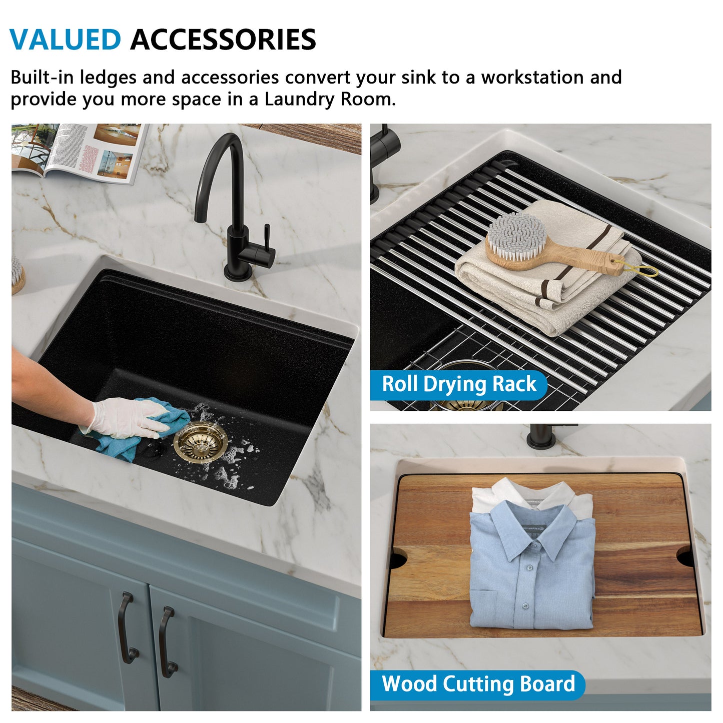 21 Undermount Laundry Sink - Fulorni 21"x18" Laundry Utility Sink Workstation Matte Black Granite Composite Quartz Classic Under Counter Deep Single Bowl Utility Laundry Room Sink Basin