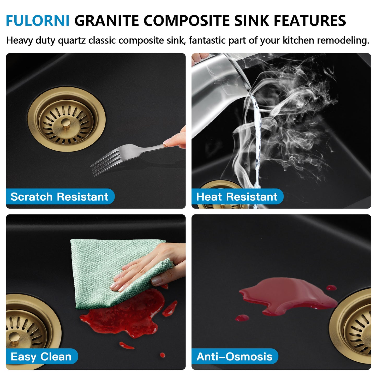 33 Granite Composite Kitchen Sink Double Bowl - Fulorni 33"x19" Black Granite Kitchen Sink Undermount Double Bowl 50/50 Quartz Classic Composite Matte Black Under Counter Sink Basin