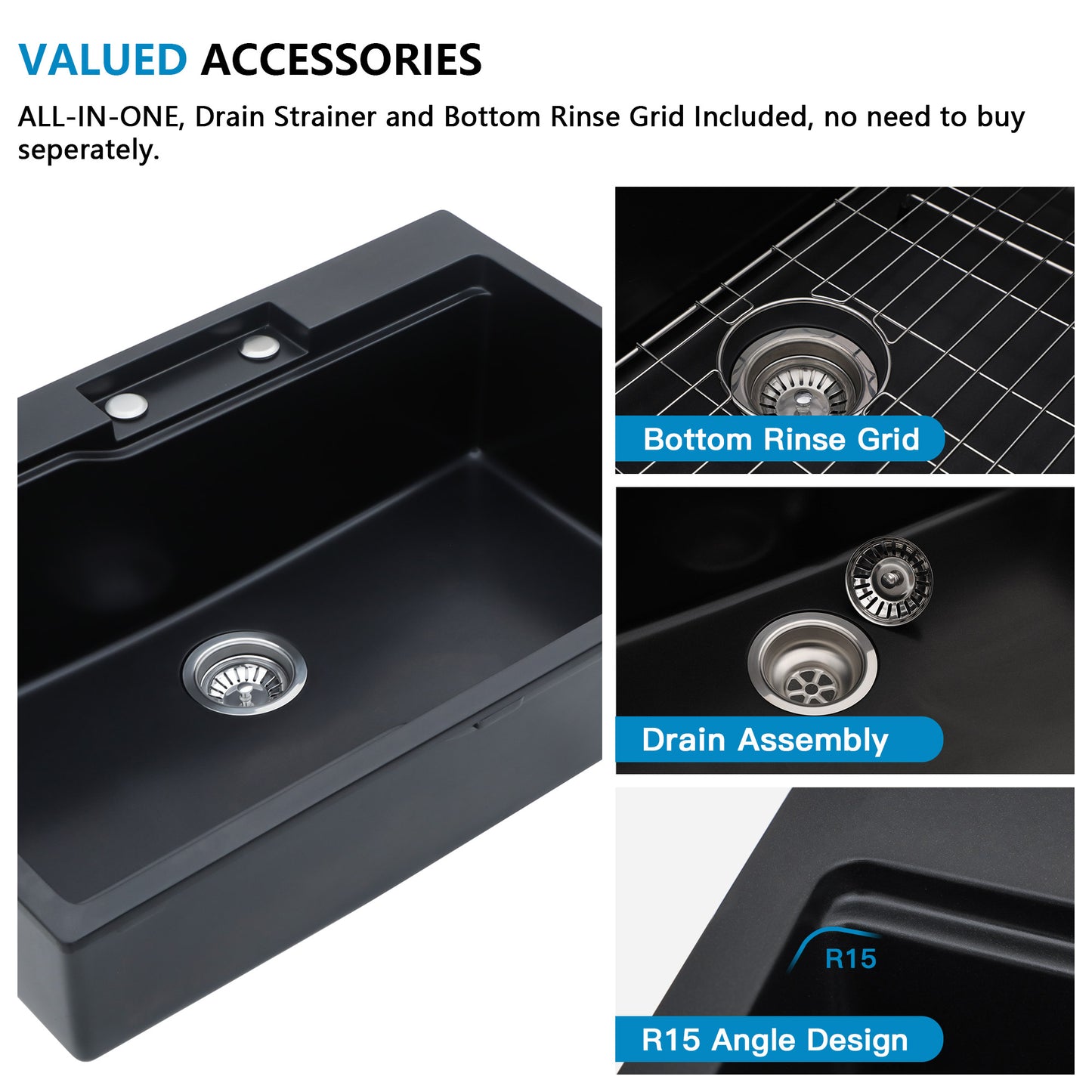 33"x22" Granite Waterfall Kitchen Sink Multifunctional Smart Workstation With Faucet Combo Drop In Topmount Matte Black Granite Composite Quartz Classic Above Counter Single Bowl Sink Basin