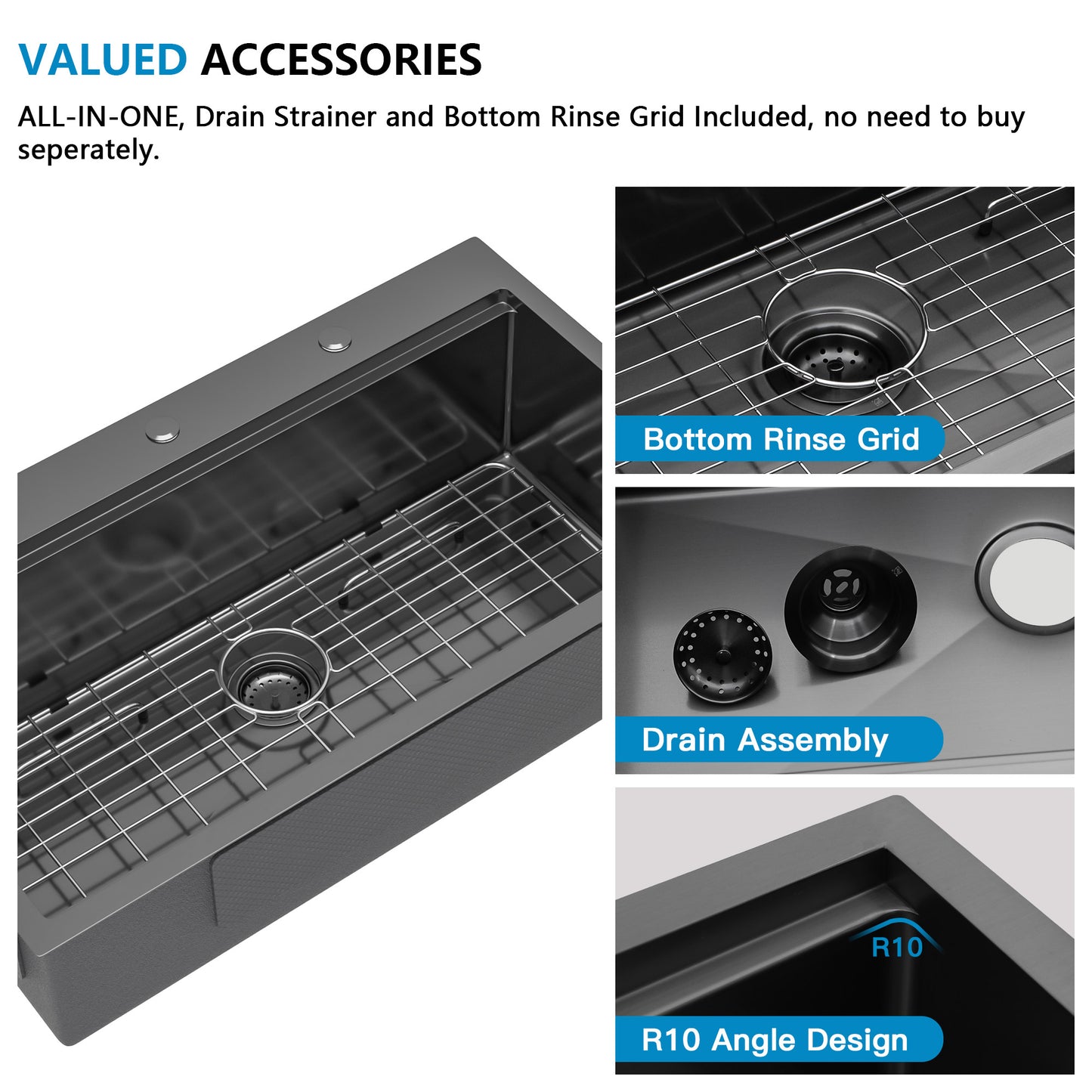 33 Black Kitchen Sink Drop In - Fulorni 33x19 Inch Kitchen Sink Gunmetal Black NANO-PVD Ledge Workstation Drop In Topmount 16 Gauge Stainless Steel Single Bowl Sink Basin