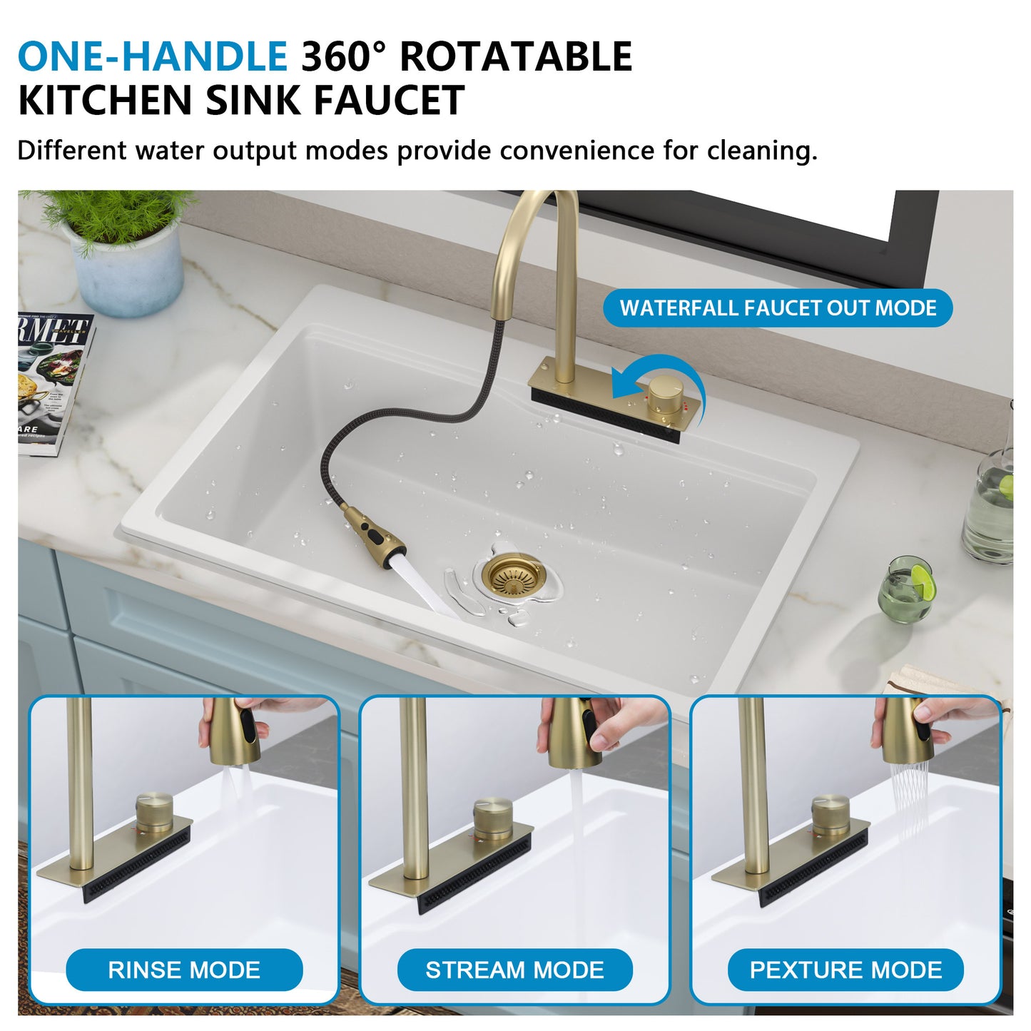 33"x22" Granite Waterfall Kitchen Sink Multifunctional Smart Workstation With Faucet Combo Drop In Topmount White Granite Composite Quartz Classic Above Counter Single Bowl Sink Basin