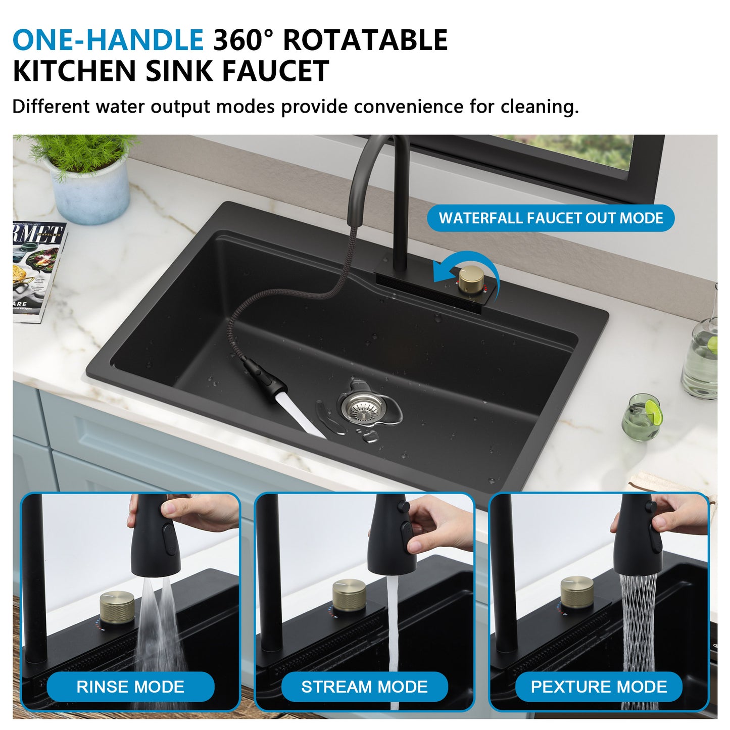 33"x22" Granite Waterfall Kitchen Sink Multifunctional Smart Workstation With Faucet Combo Drop In Topmount Matte Black Granite Composite Quartz Classic Above Counter Single Bowl Sink Basin