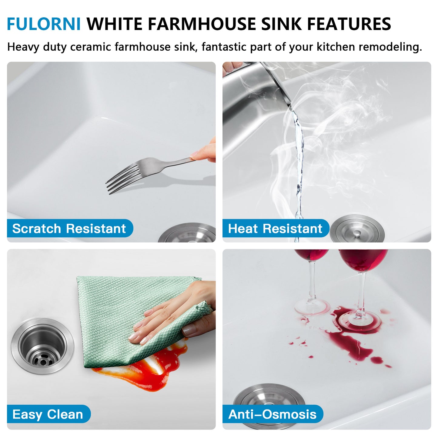 33 White Farm Sink Workstation - Fulorni 33"x20" Farmhouse Kitchen Sink Apron Front Workstation with Slide Ledge Double Bowl 50/50 White Ceramic Porcelain Fireclay Farmer Sink Basin
