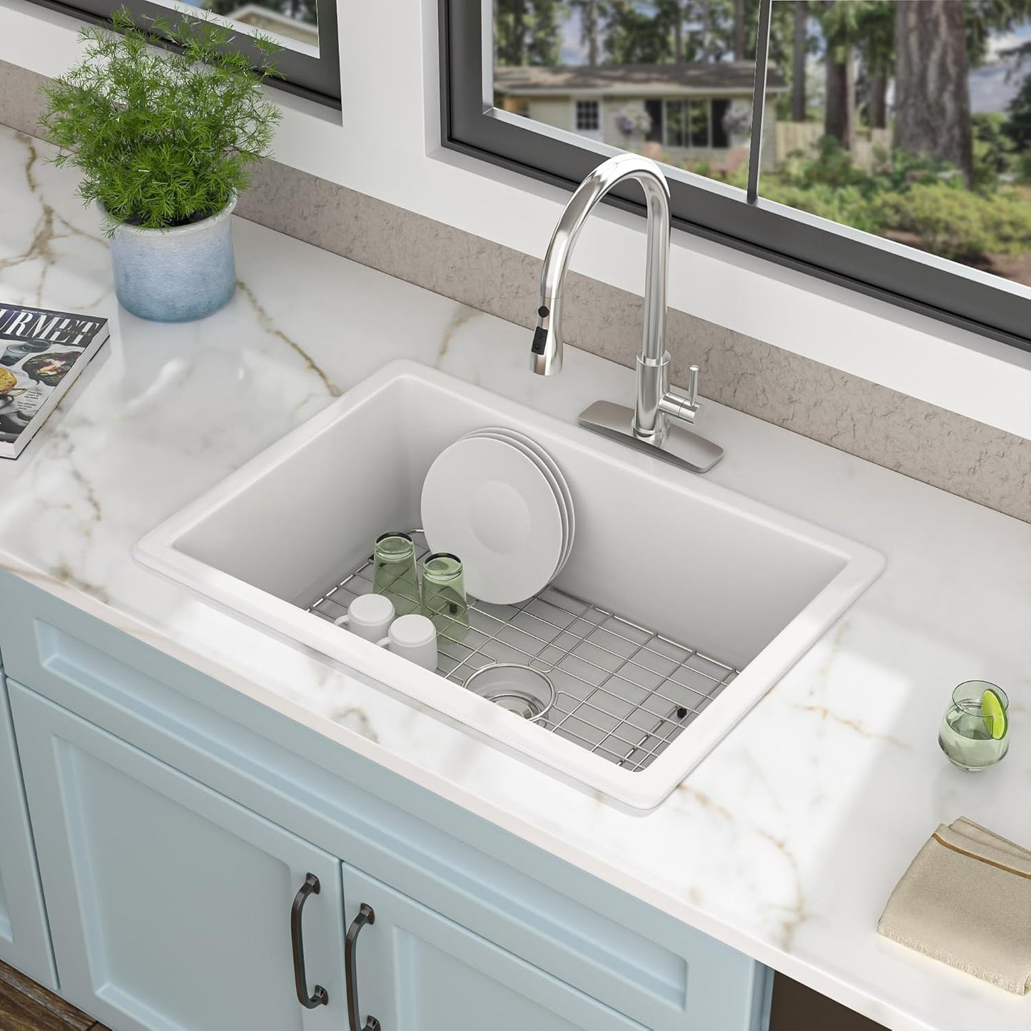 27 White Kitchen Sink Drop In - Fulorni 27"x19" Kitchen Sink Drop In Topmount White Ceramic Porcelain Fireclay Dual Mount Single Bowl Sink Basin