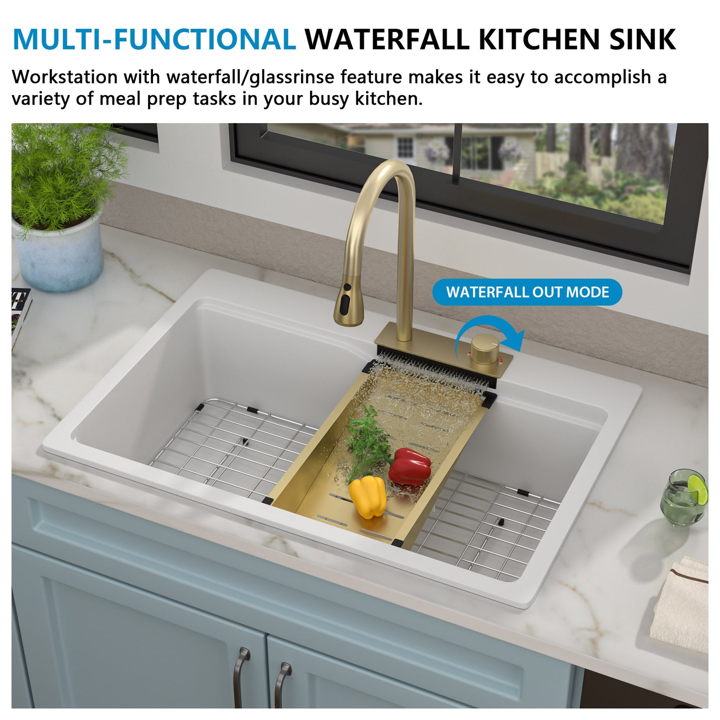 33"x22" Granite Waterfall Kitchen Sink Multifunctional Smart Workstation With Faucet Combo Drop In Topmount White Granite Composite Quartz Classic Above Counter Single Bowl Sink Basin