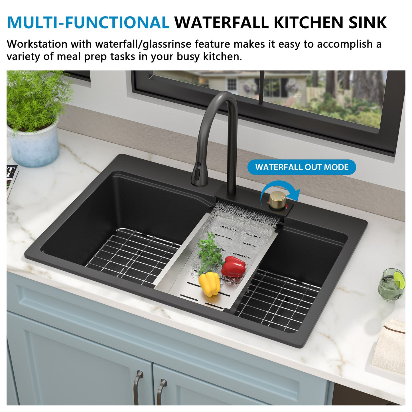 33"x22" Granite Waterfall Kitchen Sink Multifunctional Smart Workstation With Faucet Combo Drop In Topmount Matte Black Granite Composite Quartz Classic Above Counter Single Bowl Sink Basin