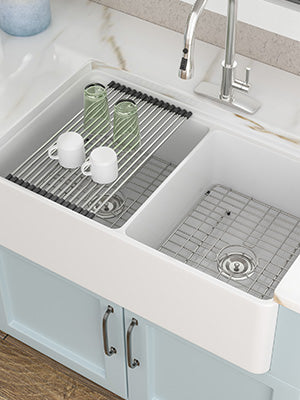 33 White Farm Sink Workstation - Fulorni 33"x20" Farmhouse Kitchen Sink Apron Front Workstation with Slide Ledge Double Bowl 50/50 White Ceramic Porcelain Fireclay Farmer Sink Basin