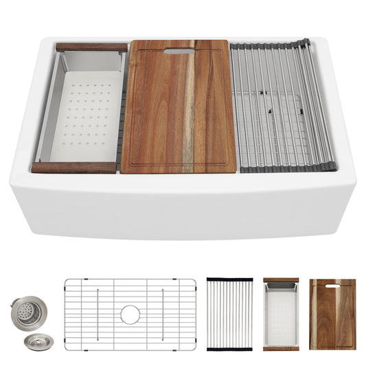 33 White Farm Sink Workstation - Fulorni 33"x21" Apron Front Farmhouse Sink Workstation with Slide Ledge White Ceramic Porcelain Fireclay Single Bowl Farmer Kitchen Sink Basin
