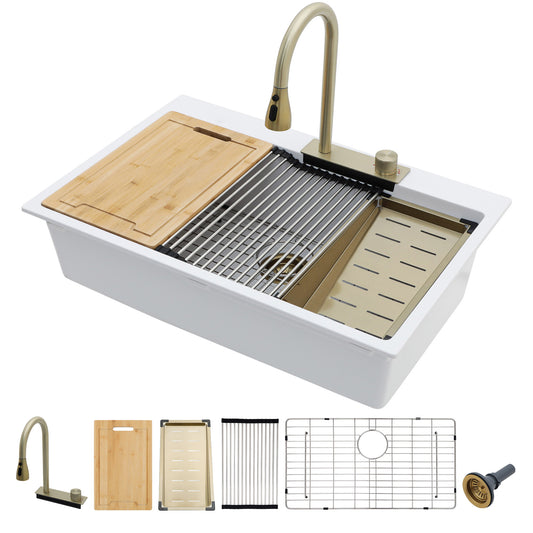 33"x22" Granite Waterfall Kitchen Sink Multifunctional Smart Workstation With Faucet Combo Drop In Topmount White Granite Composite Quartz Classic Above Counter Single Bowl Sink Basin