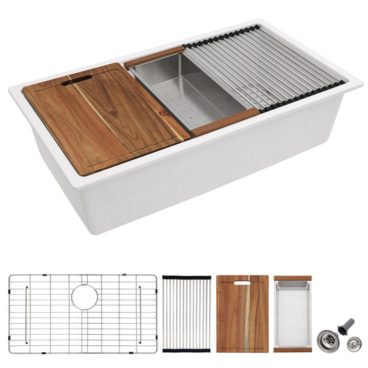 30 Granite Composite Kitchen Sink - Fulorni 30"x19" Granite Kitchen Sink Ledge Workstation Undermount White Quartz Classic Under Counter Single Bowl Sink Basin