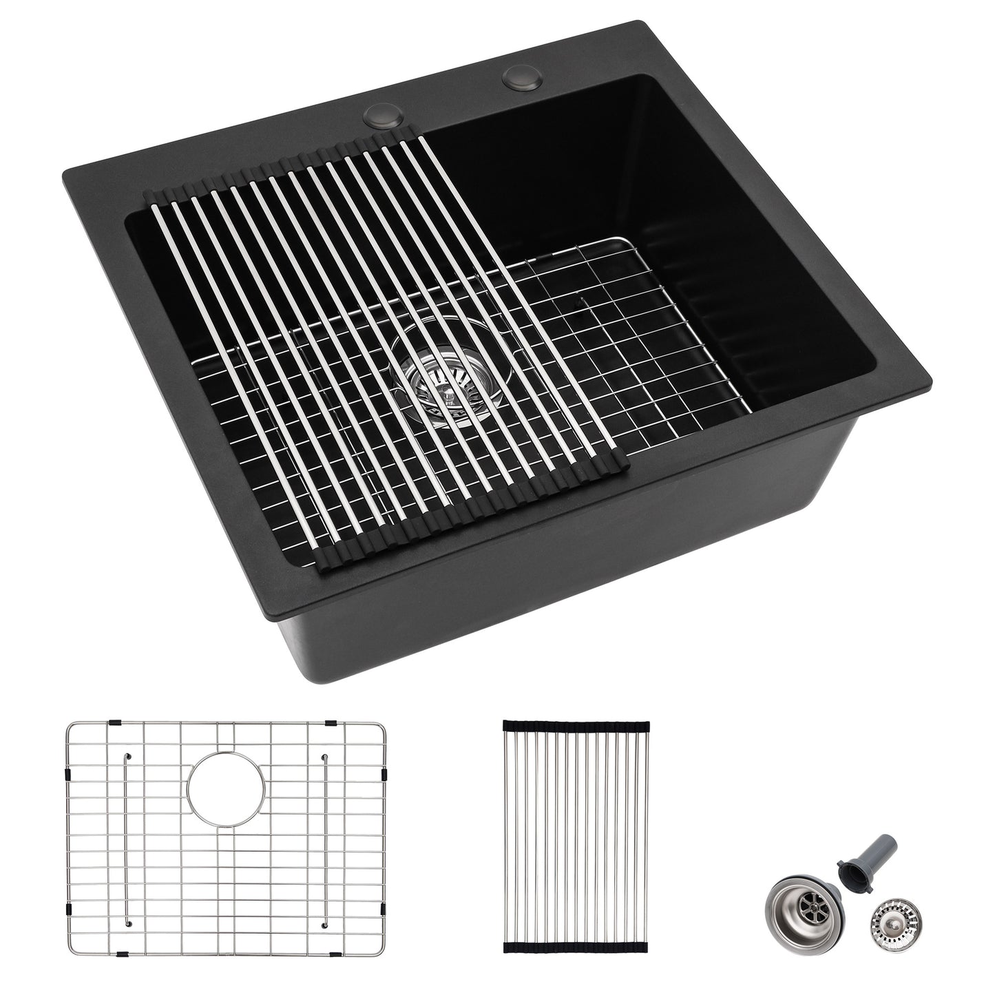 25 Granite Composite Kitchen Sink - Fulorni 25"×22" Granite Kitchen Sink Drop In Topmount Matte Black Quartz Classic Above Counter Single Bowl Sink Basin