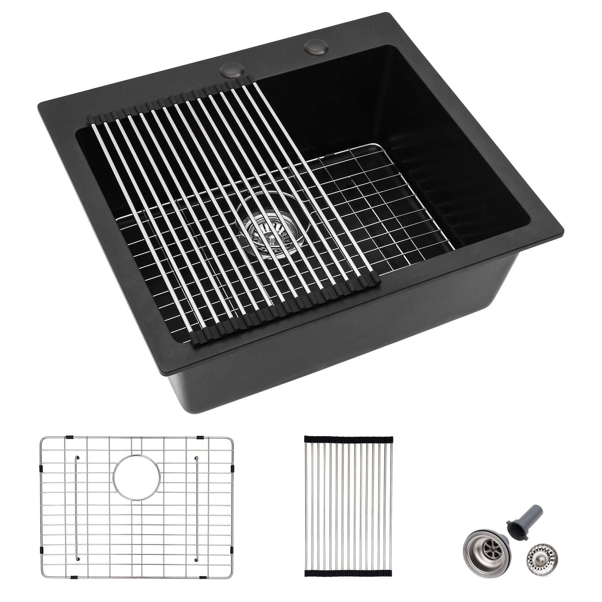 25 Granite Composite Kitchen Sink - Fulorni 25"×22" Granite Kitchen Sink Drop In Topmount Matte Black Quartz Classic Above Counter Single Bowl Sink Basin