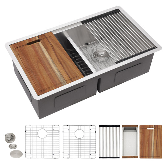 33 Undermount Kitchen Sink Double Bowl - Fulorni 33x19 Inch Kitchen Sink Ledge Workstation Low Divide Double Bowl 50/50 Split 16 Gauge Stainless Steel Under Counter Sink Basin