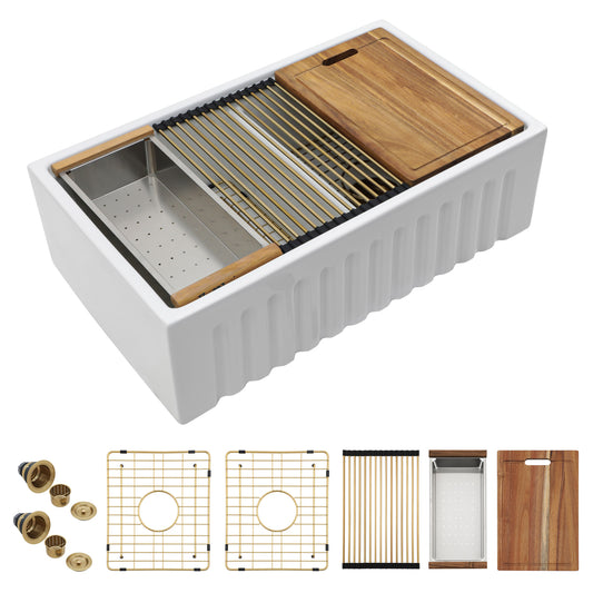 33 White Farm Sink Workstation - Fulorni 33"x20" Farmhouse Kitchen Sink Apron Front Workstation with Slide Ledge Reversible Double Bowl 50/50 White Ceramic Porcelain Fireclay Farmer Sink Basin