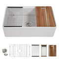 33 White Farm Sink Workstation - Fulorni 33"x20" Farmhouse Kitchen Sink Apron Front Workstation with Slide Ledge Double Bowl 50/50 White Ceramic Porcelain Fireclay Farmer Sink Basin