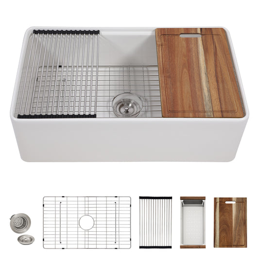 33 White Farm Sink Workstation - Fulorni 33"x20" Farmhouse Kitchen Sink Apron Front Workstation with Slide Ledge Double Bowl 50/50 White Ceramic Porcelain Fireclay Farmer Sink Basin