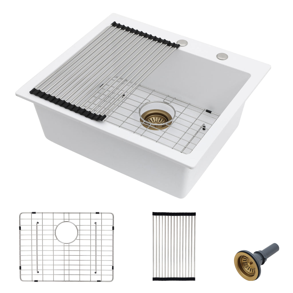 25 Granite Composite Kitchen Sink - Fulorni 25"×22" Granite Kitchen Sink Drop In Topmount White Quartz Classic Above Counter Single Bowl Sink Basin