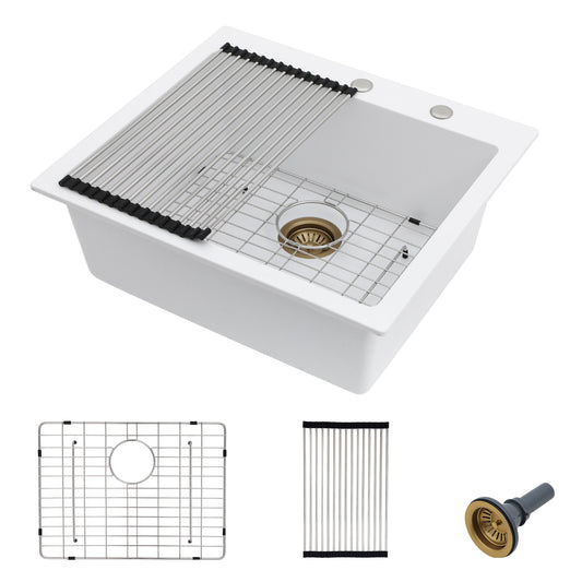25 Granite Composite Kitchen Sink - Fulorni 25"×22" Granite Kitchen Sink Drop In Topmount White Quartz Classic Above Counter Single Bowl Sink Basin