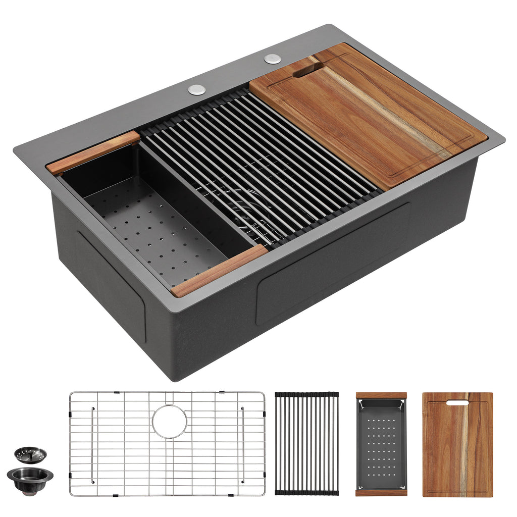 36 Black Kitchen Sink Drop In - Fulorni 36x22 Inch Kitchen Sink Gunmetal Black NANO-PVD Large Ledge Workstation Drop In Topmount 16 Gauge Stainless Steel Single Bowl Sink Basin