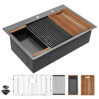 36 Black Kitchen Sink Drop In - Fulorni 36x22 Inch Kitchen Sink Gunmetal Black NANO-PVD Large Ledge Workstation Drop In Topmount 16 Gauge Stainless Steel Single Bowl Sink Basin