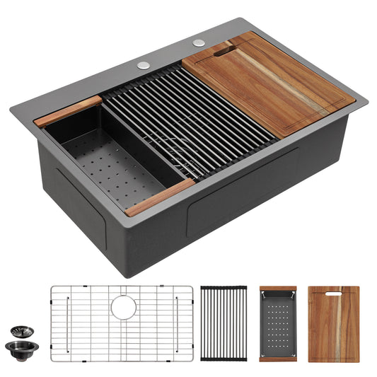 33 Black Kitchen Sink Drop In - Fulorni 33x22 Inch Kitchen Sink Gunmetal Black NANO-PVD Ledge Workstation Drop In Topmount 16 Gauge Stainless Steel Single Bowl Sink Basin