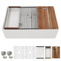 33 White Farm Sink Workstation - Fulorni 33"x20" Farmhouse Kitchen Sink Apron Front Workstation with Slide Ledge Double Bowl 50/50 White Ceramic Porcelain Fireclay Farmer Sink Basin