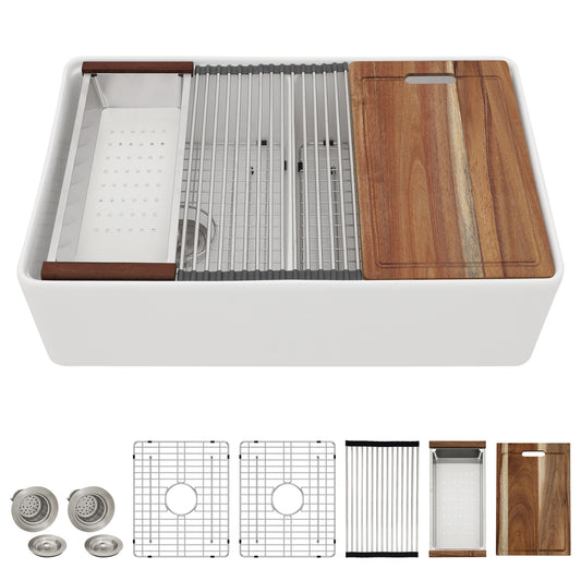 33 White Farm Sink Workstation - Fulorni 33"x20" Farmhouse Kitchen Sink Apron Front Workstation with Slide Ledge Double Bowl 50/50 White Ceramic Porcelain Fireclay Farmer Sink Basin