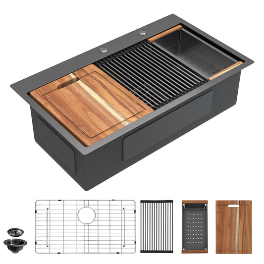 33 Black Kitchen Sink Drop In - Fulorni 33x19 Inch Kitchen Sink Gunmetal Black NANO-PVD Ledge Workstation Drop In Topmount 16 Gauge Stainless Steel Single Bowl Sink Basin