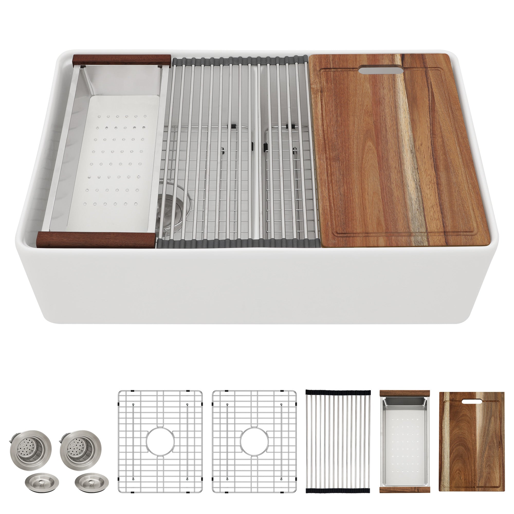 33 White Farm Sink Workstation - Fulorni 33"x20" Farmhouse Kitchen Sink Apron Front Workstation with Slide Ledge Double Bowl 50/50 White Ceramic Porcelain Fireclay Farmer Sink Basin