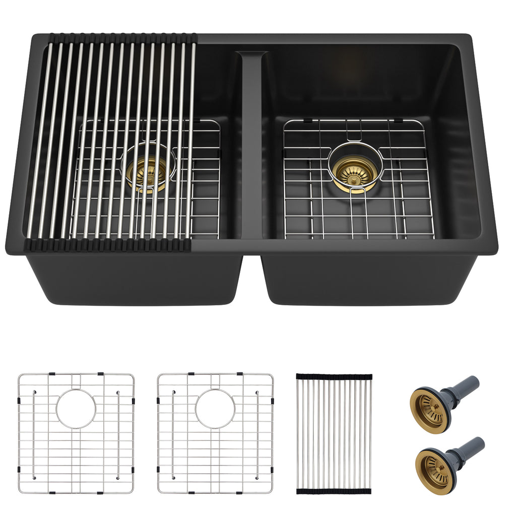 33 Granite Composite Kitchen Sink Double Bowl - Fulorni 33"x19" Black Granite Kitchen Sink Undermount Double Bowl 50/50 Quartz Classic Composite Matte Black Under Counter Sink Basin