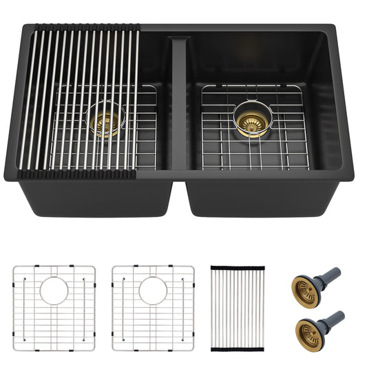 33 Granite Composite Kitchen Sink Double Bowl - Fulorni 33"x19" Black Granite Kitchen Sink Undermount Double Bowl 50/50 Quartz Classic Composite Matte Black Under Counter Sink Basin