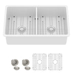 32 White Sink Undermount Double Bowl - Fulorni 32"x19" Kitchen Sink Dual Mount Double Bowl 50/50 White Ceramic Porcelain Fireclay Sink Basin