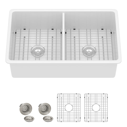 32 White Sink Undermount Double Bowl - Fulorni 32"x19" Kitchen Sink Dual Mount Double Bowl 50/50 White Ceramic Porcelain Fireclay Sink Basin