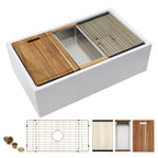 33 White Farm Sink Workstation - Fulorni 33 Inch Farmhouse Kitchen Sink Workstation with Slide Ledge Apron Front Reversible White Ceramic Porcelain Fireclay Single Bowl Farmer Sink Basin