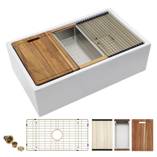 33 White Farm Sink Workstation - Fulorni 33 Inch Farmhouse Kitchen Sink Workstation with Slide Ledge Apron Front Reversible White Ceramic Porcelain Fireclay Single Bowl Farmer Sink Basin
