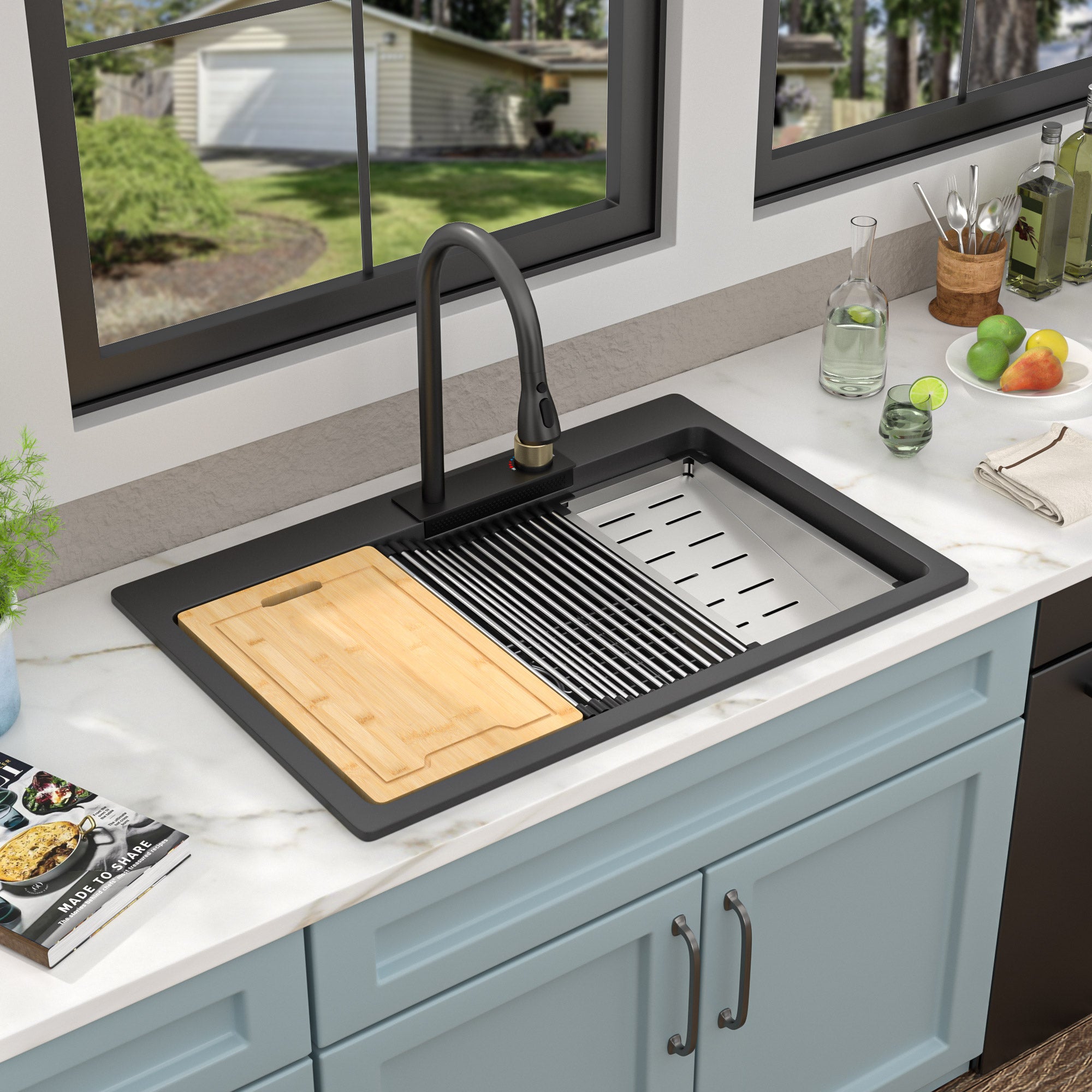 33"x22" Granite Waterfall Kitchen Sink Multifunctional Smart Workstation With Faucet Combo Drop In Topmount Matte Black Granite Composite Quartz Classic Above Counter Single Bowl Sink Basin
