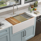 33 White Farm Sink Workstation - Fulorni 33 Inch Farmhouse Kitchen Sink Workstation with Slide Ledge Apron Front Reversible White Ceramic Porcelain Fireclay Single Bowl Farmer Sink Basin