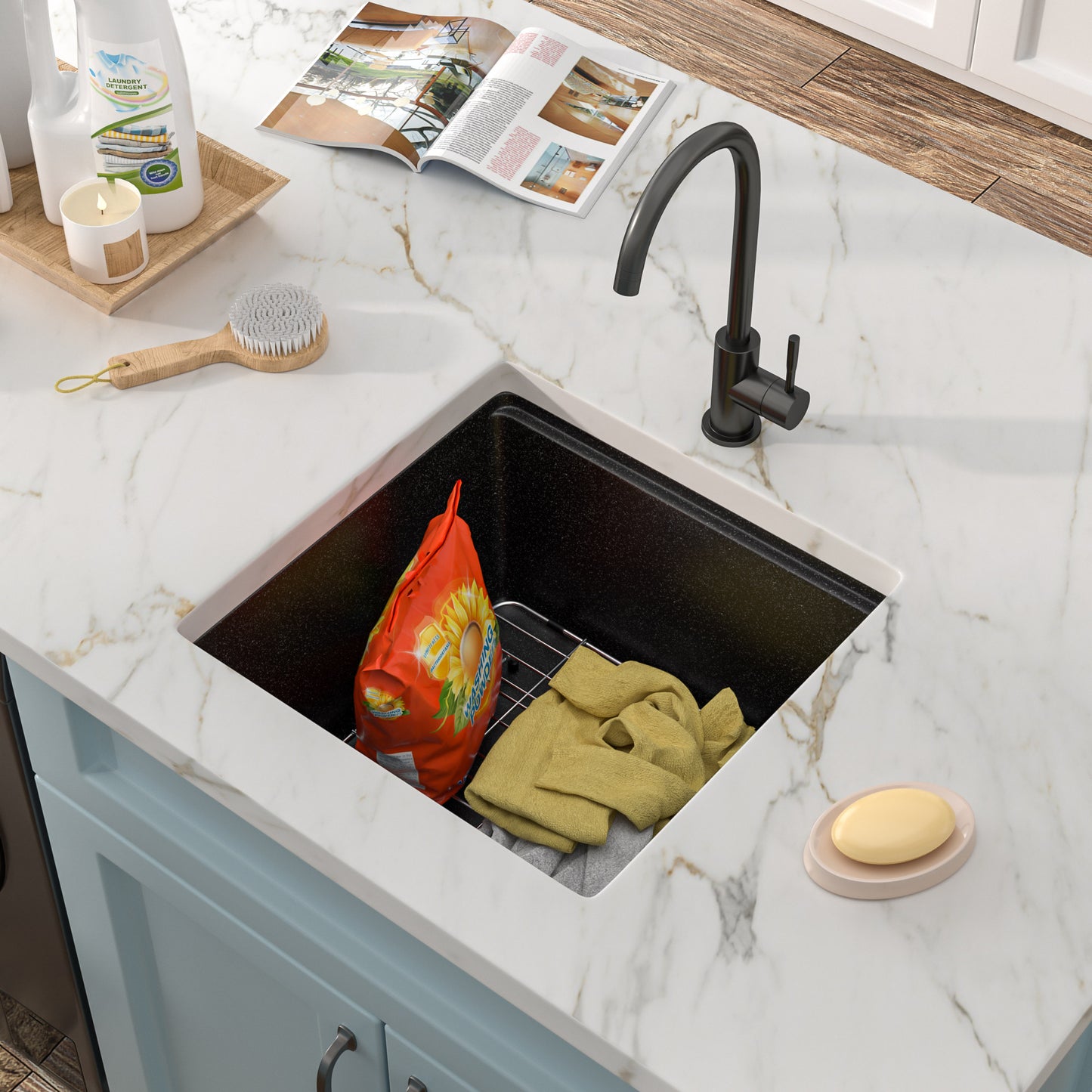 18 Undermount Laundry Sink - Fulorni 18"x18" Laundry Utility Sink Workstation Matte Black Granite Composite Quartz Classic Under Counter Deep Single Bowl Utility Laundry Room Sink Basin