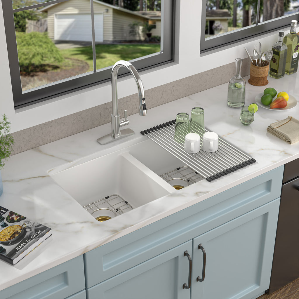 33 Granite Composite Kitchen Sink Double Bowl - Fulorni 33"x19" Granite Kitchen Sink White Undermount Double Bowl 50/50 Quartz Classic Composite Under Counter Sink Basin