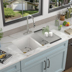 33 Granite Composite Kitchen Sink Double Bowl - Fulorni 33"x19" Granite Kitchen Sink White Undermount Double Bowl 50/50 Quartz Classic Composite Under Counter Sink Basin